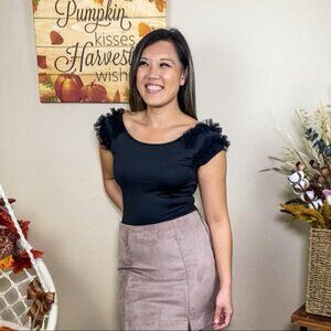 Women's Black Bodysuit with Ruffled Sleeves